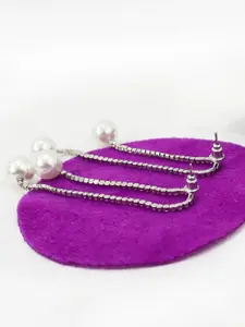 VAGHBHATT Silver-Plated Stainless Steel CZ Studded & Pearls Beaded Drop Earrings
