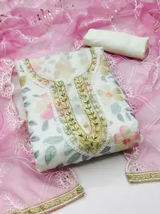 Peachmode Floral Printed Beads and Stones Organza Unstitched Dress Material