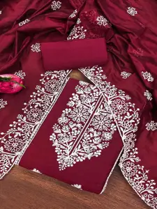 Peachmode Floral Embroidered Thread Work Chanderi Silk Unstitched Dress Material