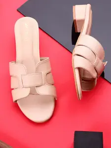 TRASE Women Beige Open Toe Synthetic Leather Block Sandals with Bows