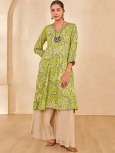 Global Desi Floral Printed V-Neck A-Line Kurta