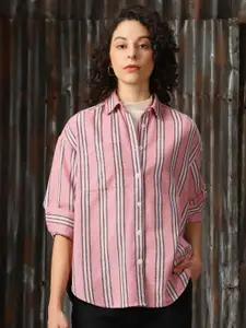 High Star Women Relaxed Spread Collar Vertical Striped Cotton Oversized Casual Shirt