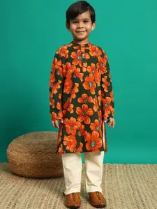 Readiprint Boys Floral Printed Pure Cotton Straight Kurta With Pyjama