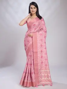 KALINI Printed Zari Saree With Cotton Tassels