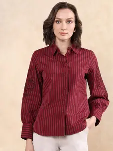 RAREISM Women Comfort Spread Collar Vertical Striped Cotton Casual Shirt