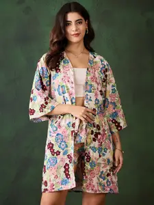 StyleStone Floral Printed Shawl Neck Shrug With Shorts