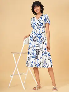 YU by Pantaloons Women White V Neck Floral Embroidered Puff Sleeve A-Line Midi Dress