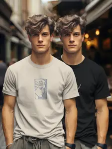 BULLMER Men Pack Of 2 Graphic Printed Round Neck Cotton T-shirts