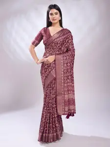 KALINI Printed Zari Saree With Cotton Tassels