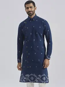 VASTRAMAY Geometric Woven Design Shirt Collar Angrakha Jacquard Cotton Straight Kurta