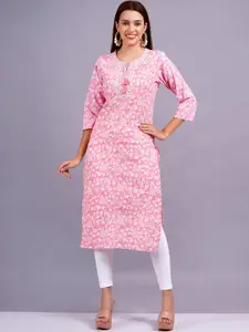 KALINI Floral Printed Mirror Work Tie-Up Neck Cotton Straight Kurta