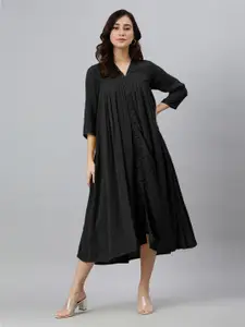 Janasya Women Black Dobby Chiffon Self Design Empire Dress