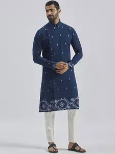 VASTRAMAY Floral Woven Design Jacquard Pure Cotton Jamdani Angrakha Kurta With Pyjama