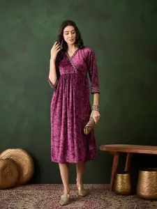 Sangria Women V-Neck Velvet Angrakha Anarkali Dress