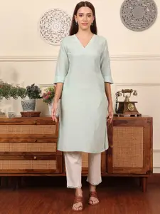 W Blue V-Neck Three-Quarter Sleeves Regular Linen Straight Kurta