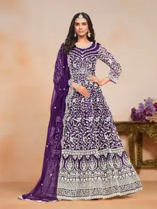 ODETTE Ethnic Motifs Embroidered Sequinned Panelled Anarkali Net Ethnic Dress With Dupatta