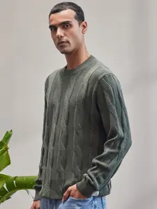 Mr Bowerbird Men Self Design Long Sleeves Cotton Cable Knit Casual Pullover