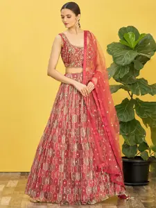 ODETTE Embellished Sequinned Organza Semi-Stitched Lehenga & Unstitched Blouse & Dupatta
