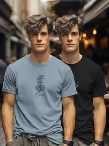 BULLMER Men Pack Of 2 Graphic Printed Round Neck Cotton T-shirts