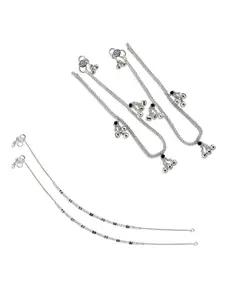 Heer Collection Set Of 4 Silver-Plated Stone Studded & Beaded Anklets