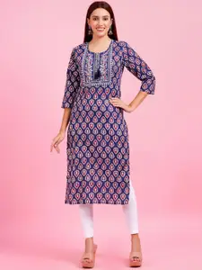 HIGHLIGHT FASHION EXPORT Ethnic Motifs Printed Tie-up Neck Cotton Straight Kurta