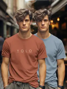 BULLMER Men Pack Of 2 Graphic Printed Round Neck Cotton T-shirts