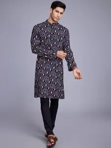 SHUBHVASTRA Geometric Printed Band Collar Long Sleeves Straight Kurta