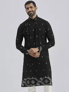 VASTRAMAY Ethnic Motifs Woven Design Shirt Collar Angrakha Jacquard Cotton Straight Kurta