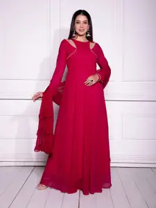 ODETTE Embellished Beads and Stones Georgette A-Line Ethnic Dress With Dupatta