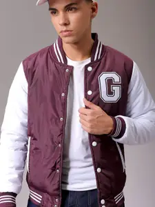 The Indian Garage Co Men Stand Collar Typography Printed Casual Varsity Jacket