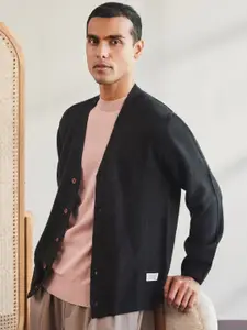 Mr Bowerbird Men Black Long Sleeves Front Open V Neck Cardigan Sweaters