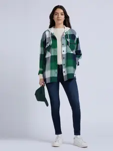 Pepe Jeans Women Hood Tartan Checked Cotton Oversized Casual Shirt