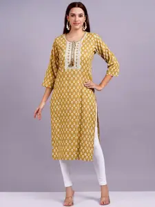 KALINI Floral Printed Sequinned Tie-Up Neck Cotton Straight Kurta