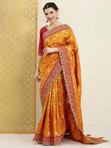 Trendmalls Floral Beads and Stones Pure Silk Heavy Work Banarasi Saree
