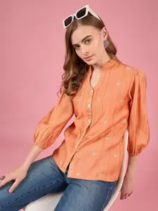 DressBerry Women Mandarin Collar Floral Embroidered Relaxed Fit Casual Shirt