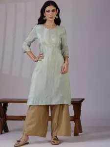 W Blue Floral Embroidered Round Neck Three-Quarter Sleeves Regular Straight Kurta