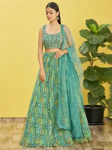 ODETTE Embellished Sequinned Organza Semi-Stitch Lehenga & Unstitched Blouse With Dupatta