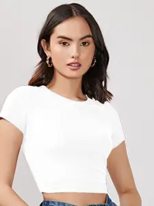 AAHWAN Women Solid Round Neck Short Sleeves Crop Top