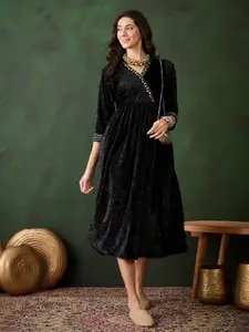 Sangria Solid Three-Quarter Sleeves Wrap Velvet Ethnic Dresses