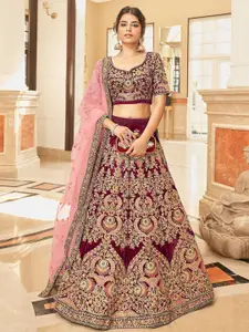 ODETTE Embroidered Velvet Semi-Stitched Lehenga & Unstitched Blouse With Dupatta