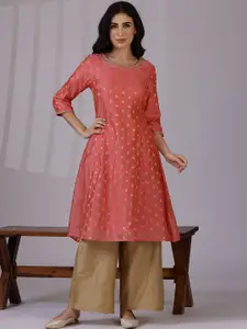 W Pink Ethnic Motifs Woven Design Round Neck Regular Sequinned A-Line Kurta