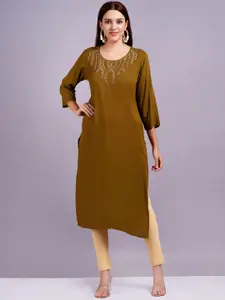 HIGHLIGHT FASHION EXPORT Zardozi Embroidered Round Neck Straight Kurta