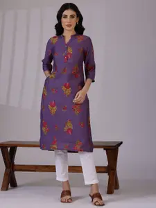 W Purple Floral Printed Mandarin Collar Three-Quarter Sleeves Straight Kurta