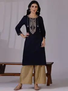 W Burgundy Floral Yoke Design & Embroidered Sequinned Round Neck Straight Kurta