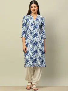 Rangriti Floral Printed Mandarin Collar Three-Quarter Sleeves Straight Kurta