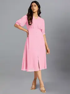 Janasya Women Pink Dobby Chiffon Self Design A-line Dress