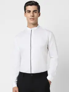 V Dot Men Band Collar Solid Cotton Slim Fit Formal Shirt