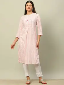 Rangriti Striped Mandarin Collar Three-Quarter Sleeves Regular Pure Cotton Straight Kurta