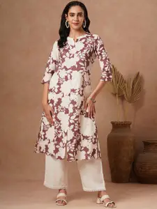 FASHOR Floral Printed Mandarin Collar Straight Cotton Kurta