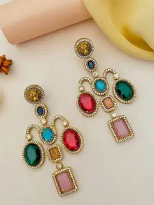 ABDESIGNS Gold-Plated Stone Studded Contemporary Drop Earrings